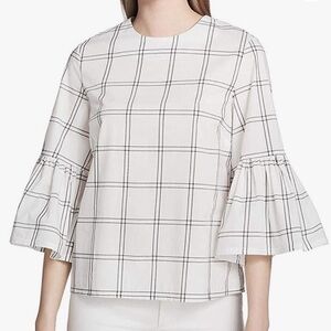 Calvin Klein White Black Grid
Windowpane Pattern Bell Ruffle Sleeve Top